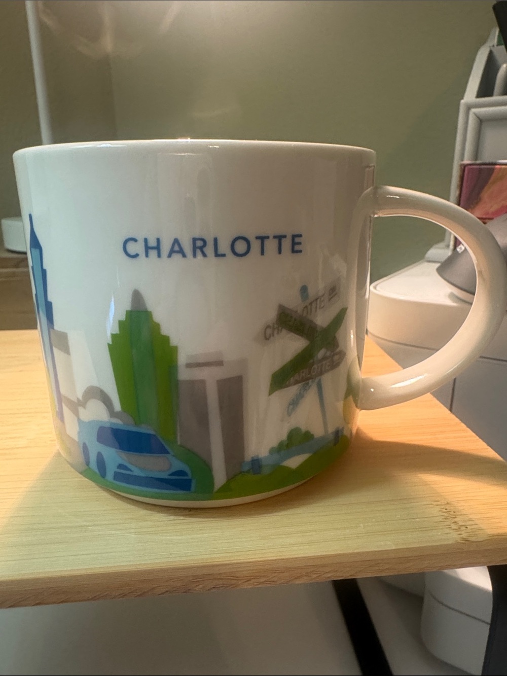 Starbucks Charlotte City Skyline Mug — White with Blue and Green Accents